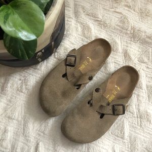 Birkenstock Boston Taupe Suede Clogs